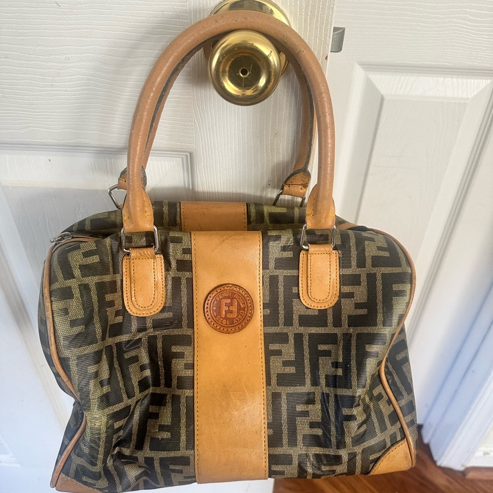 Fendi Black and Tan Monogram Boston Bag